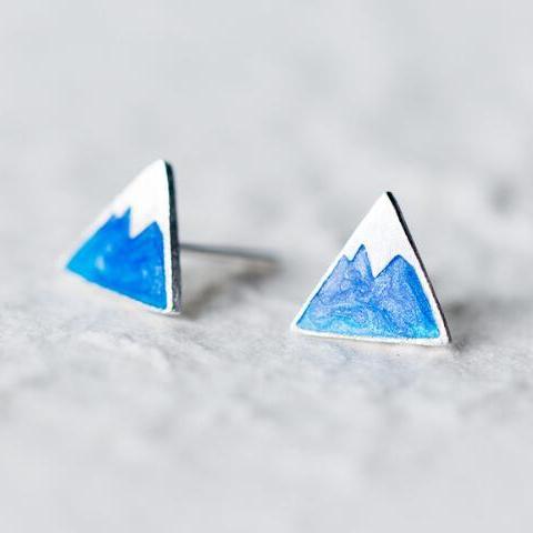 Blue Enamel Mountain Triangle Stud Earrings-925SLVR