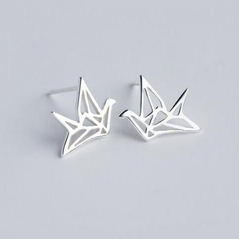 Paper Crane Shape Stud Earrings-925SLVR