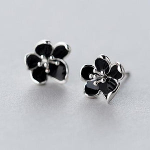 Black Enamel Flower Stud Earrings-925SLVR