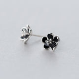 Black Enamel Flower Stud Earrings-925SLVR