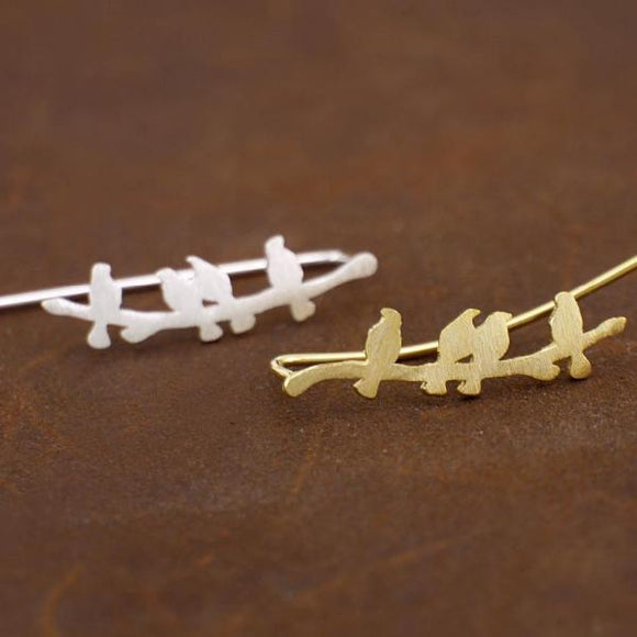 Matte Birds on Branch Climber Earrings-925SLVR