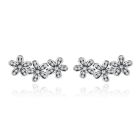 Three Daisies Flower Climber Earrings-925SLVR