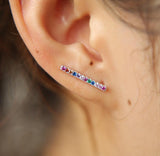 Rainbow Rhinestone Bar Climber Earrings-925SLVR