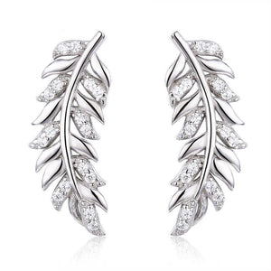 Rhinestone Feather Leaf Climber Earrings-925SLVR