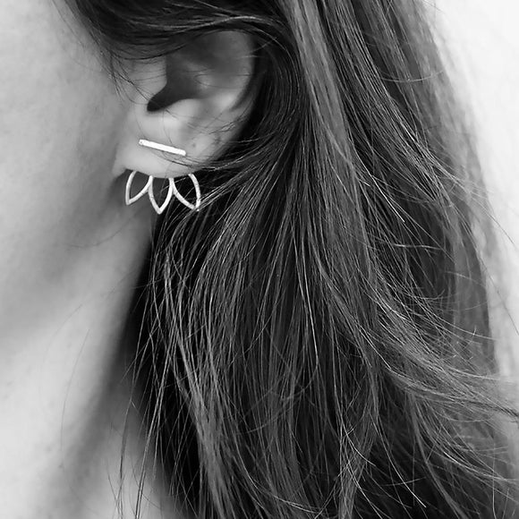 Geometric Bar Leaf Jacket Earrings-925SLVR