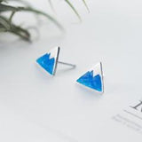 Blue Enamel Mountain Triangle Stud Earrings-925SLVR